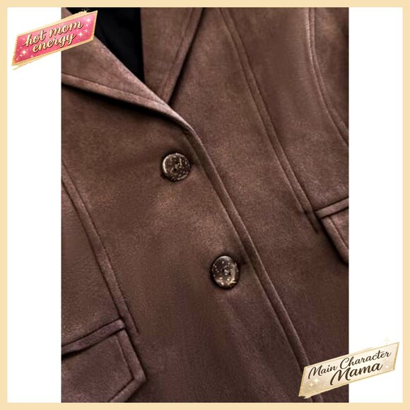 Vintage Faux Suede Blazer Slim Fit Open Front Lapel Jacket Work Casual Chic - Picture 4 of 6